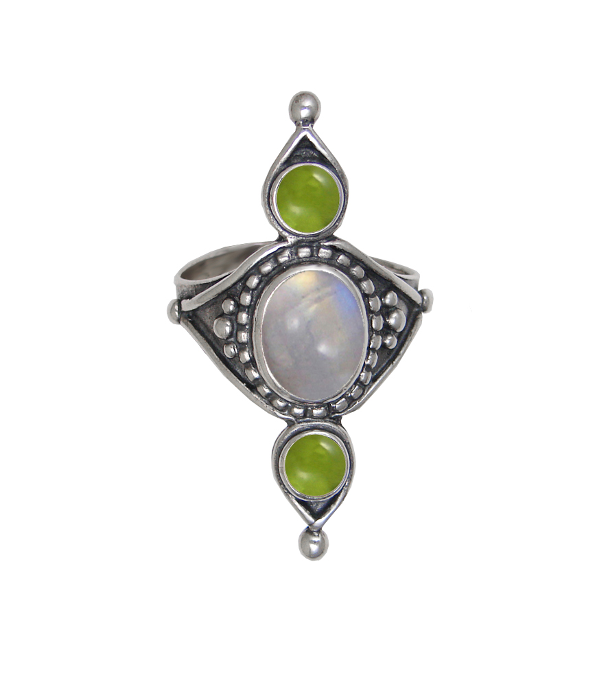 Sterling Silver Royal Ring With Rainbow Moonstone And Peridot Size 9